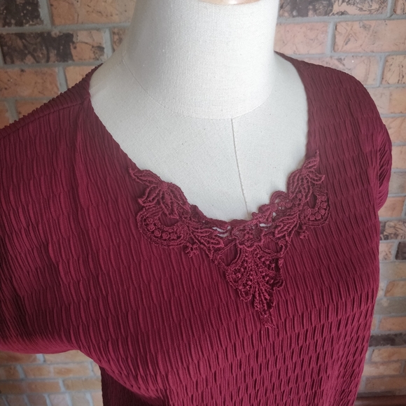 Joanna Vintage Crinkle Blouse Burgundy Red M - Picture 2 of 6